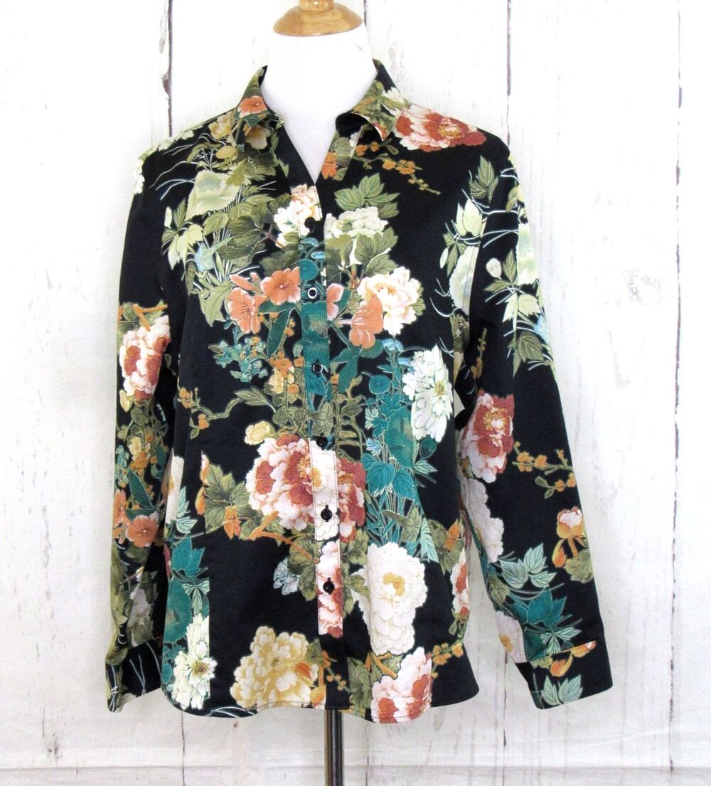 Chico's No Iron Button Up Blouse Top Women's 3/XL Long Sleeve Cotton Floral